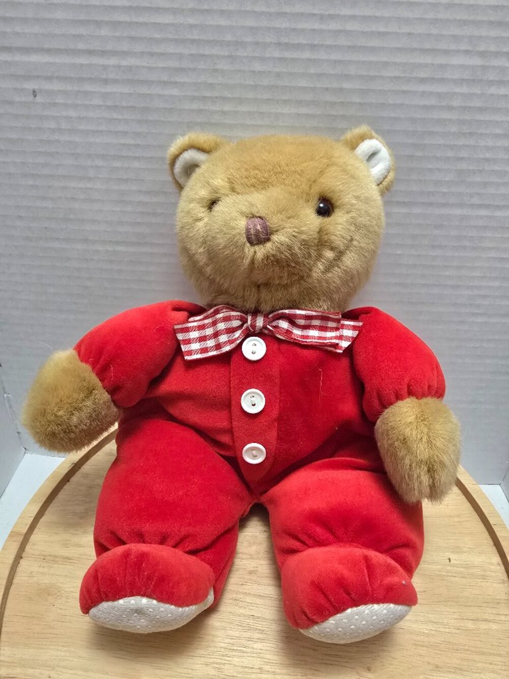Vtg Eden Red Velvet Brown Teddy Bear Plush Stuffed Animal Checkered Bow Buttons.